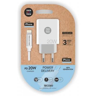 Cargador de pared tech one tech tec2262/ 1xusb tipo-c + cable lightning/ 3a/ blanco