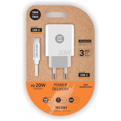 Cargador de pared tech one tech tec2263/ 1xusb tipo-c + cable usb tipo-c/ 3a/ blanco