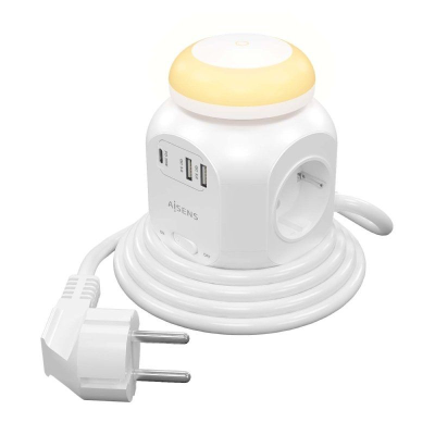 Regleta con interruptor y luz nocturna aisens asps-2a1clpq02-w/ 4 tomas de corriente/ 1 usb tipo-c pd/ 2 usb/ cable 1.8m/ blanc