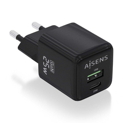 Cargador gan de pared aisens asch-25w2p015-bk/ 1xusb tipo-c/ 1xusb/ 25w