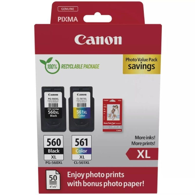 Cartucho de tinta original canon pg-560xl + cl-561xl multipack alta capacidad/ negro/ tricolor + papel fotográfico