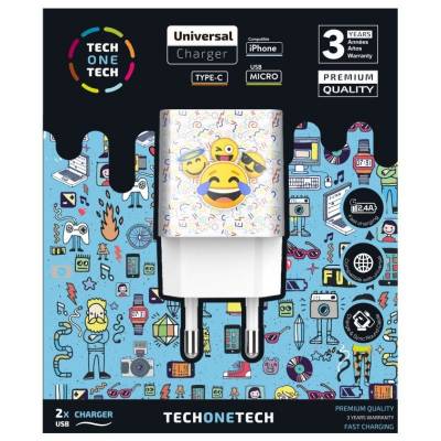 Cargador de pared tech one tech emojitech smile tec2502/ 2xusb/ 2.4a/ blanco