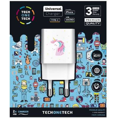 Cargador de pared tech one tech unicornio dream/ 2xusb/ 2.4a/ blanco