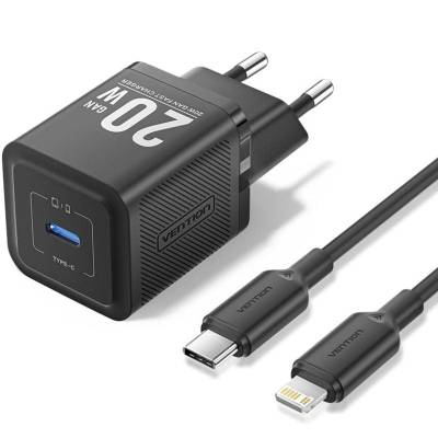 Cargador gan de pared vention tz-fepb0-eu-02/ 1xusb tipo-c + cable lightning/ 20w