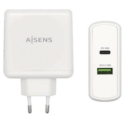 Cargador de pared aisens asch-2pd30qc-w/ 1xusb tipo-c/ 1x usb/ 48w